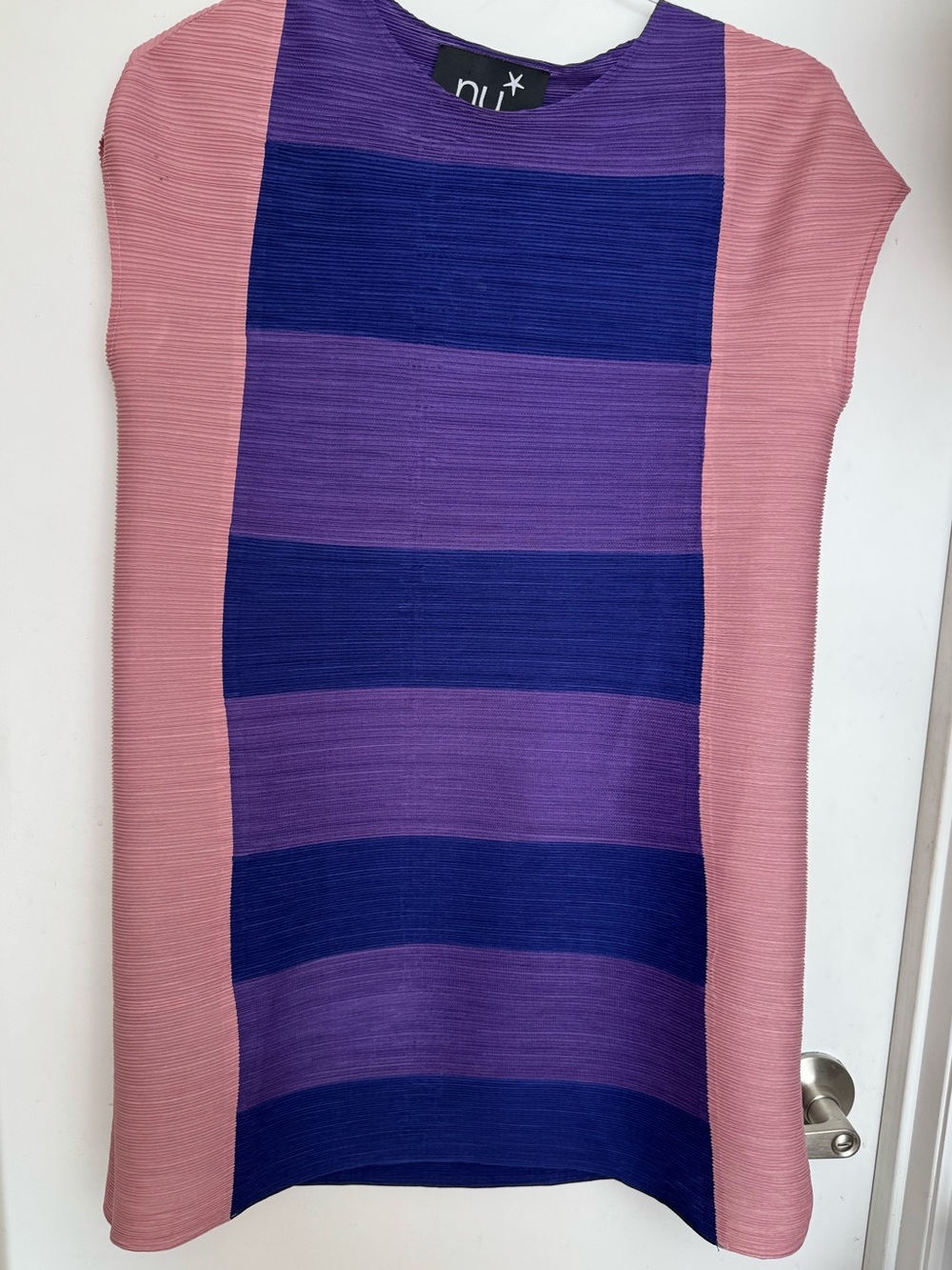nu* colorblock striped shift dress in violet, navy & pink